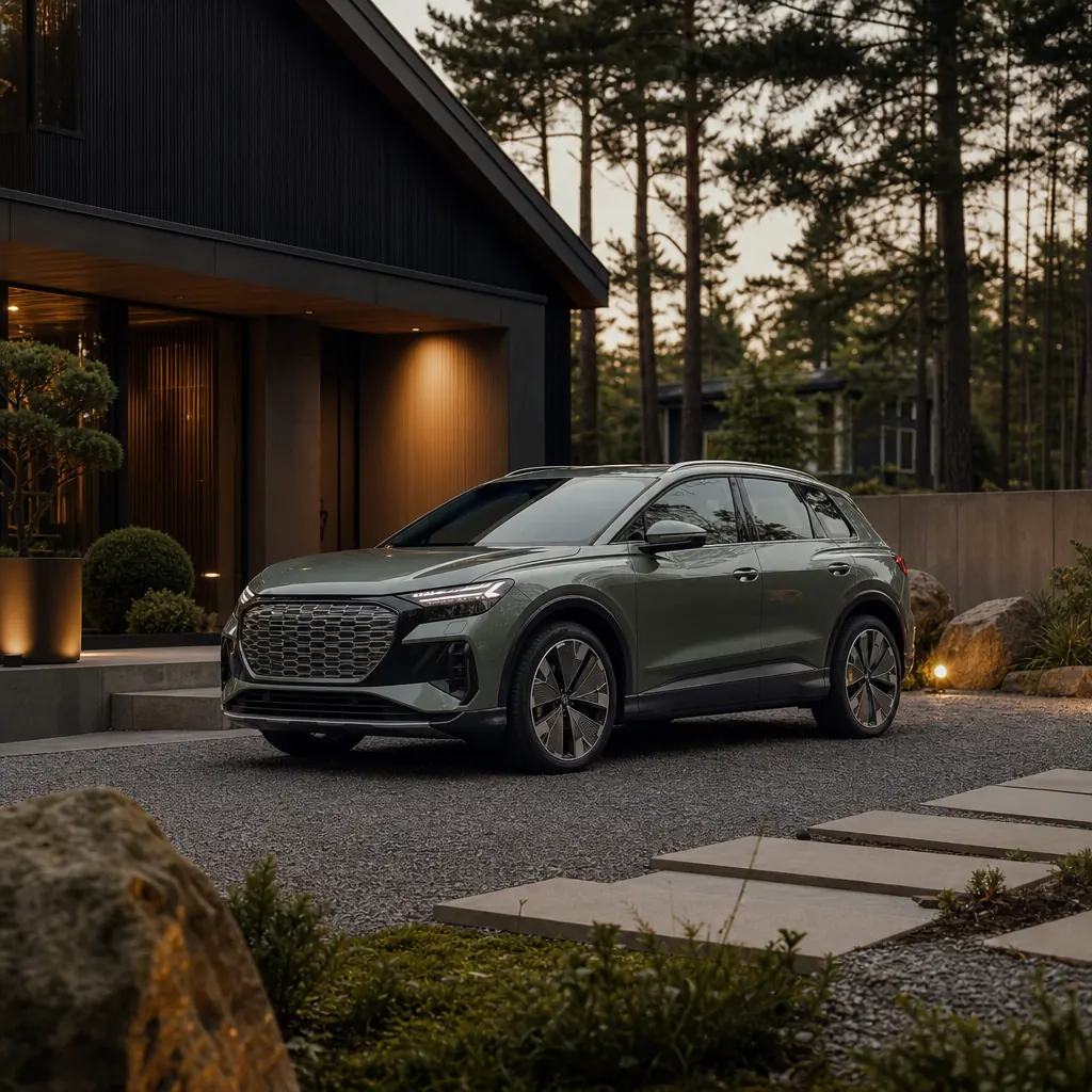 Audi Q4 e-tron premium-SUV vid modernt skandinaviskt hus