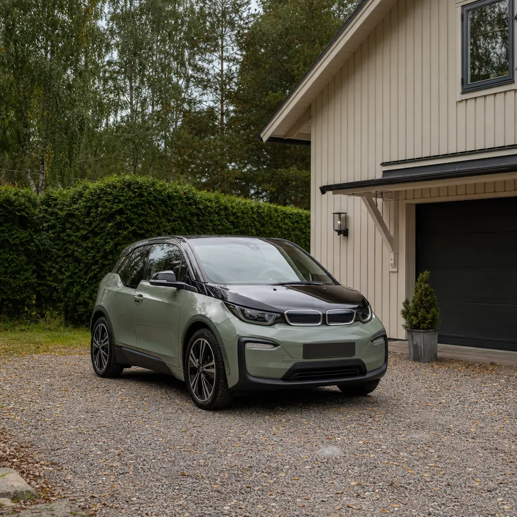 Välhållen begagnad elbil parkerad på skandinavisk uppfart