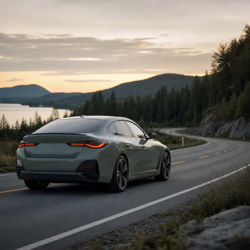 BMW i4 Gran Coupé på skandinavisk landsväg i skymning