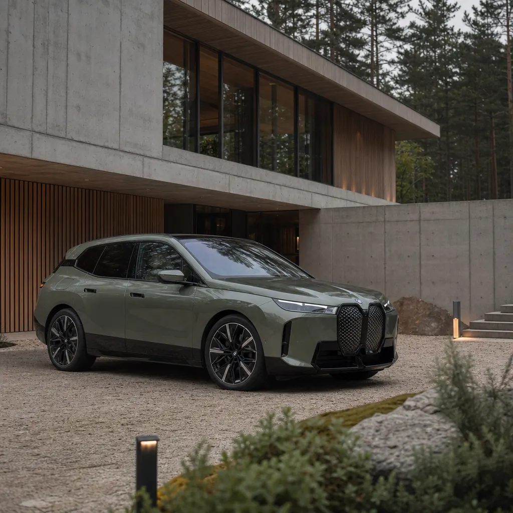 BMW iX premium-SUV framför modern arkitektur