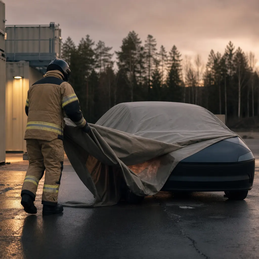 Räddningstjänst med branddtäcke vid elbil i kontrollerad övningsmiljö – litiumjonbatteri kräver särskild hantering