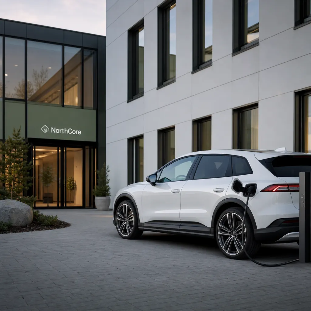 Modern elbil parkerad utanför ett skandinaviskt kontor i kvällsljus