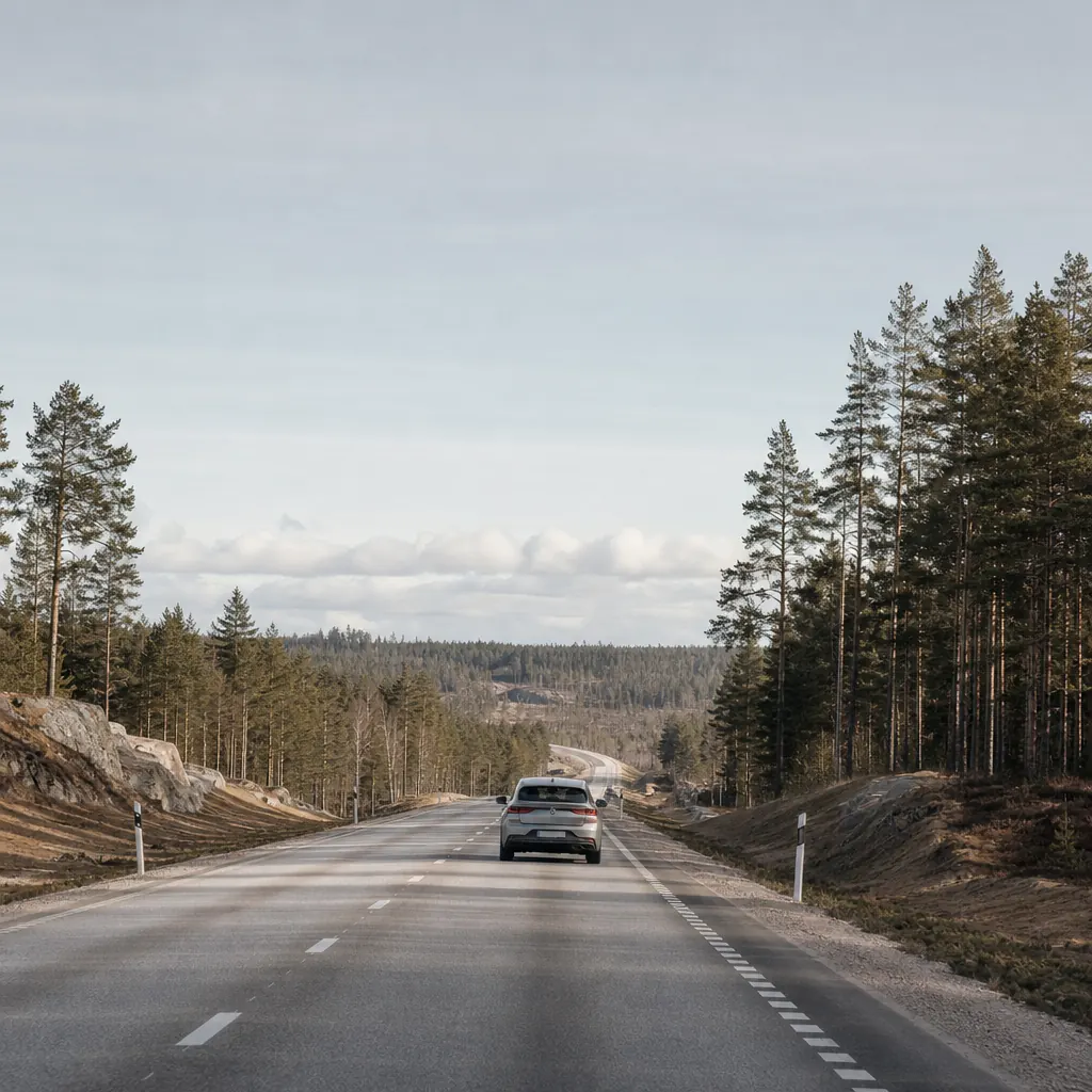Elbil på en lugn skandinavisk landsväg en tidig vårmorgon