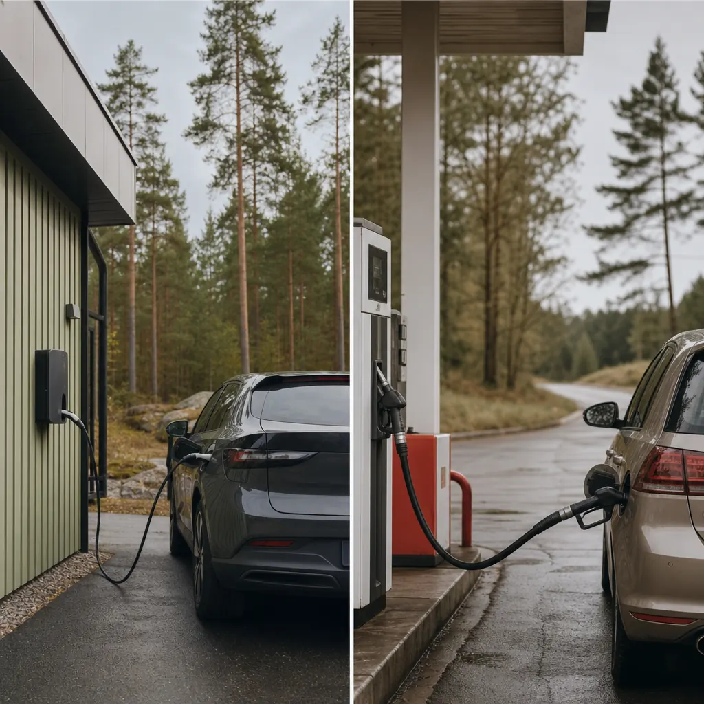 Splitvy med elbil vid laddstolpe och bensinbil vid tankstation