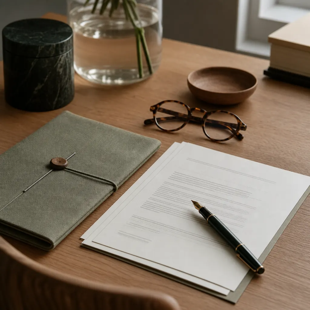 Försäkringsdokument med fountain pen på träbord – distributör och försäkringsgivare i samma kontraktskedja