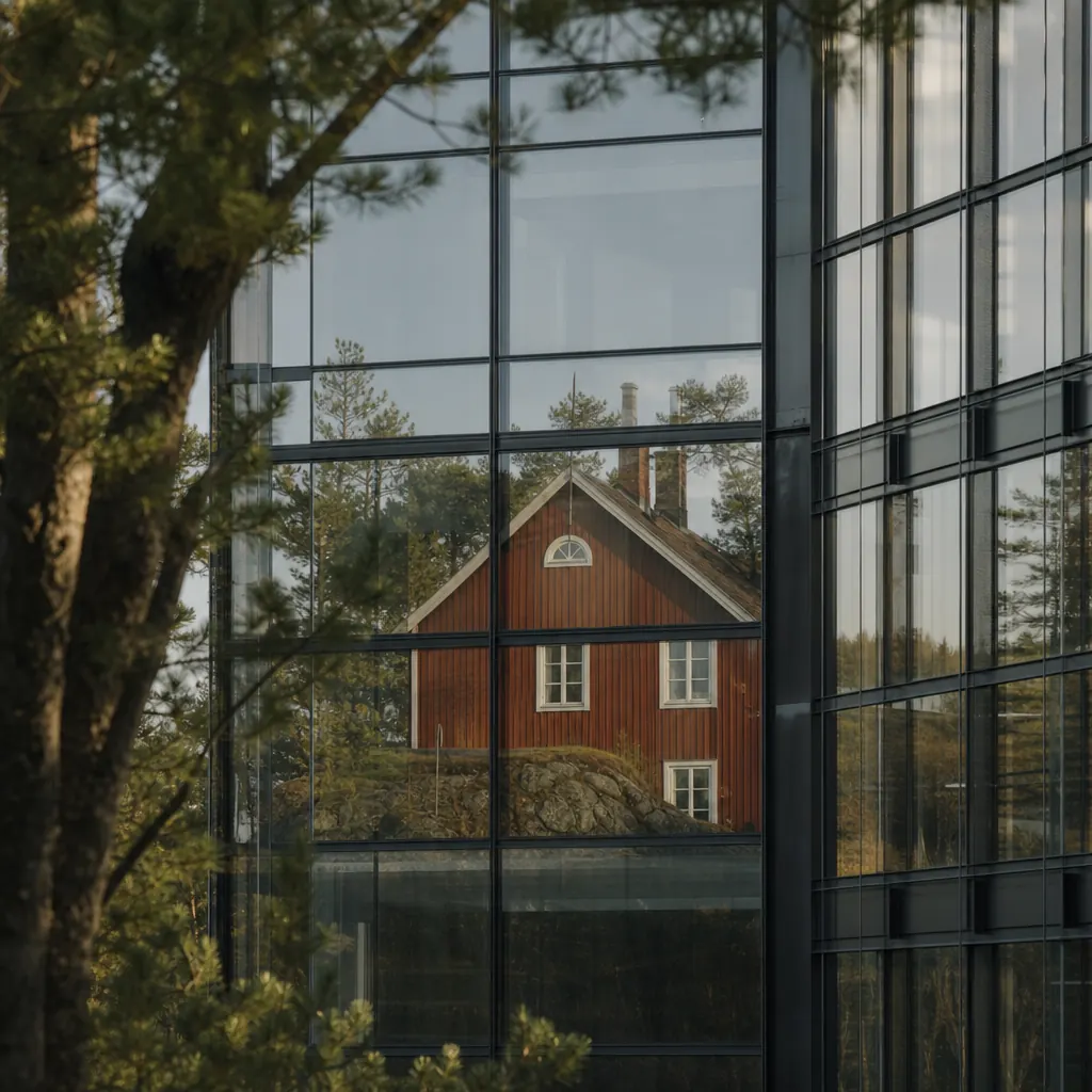 Modernt glashus reflekterar en traditionell röd Falu-målad gård – två olika sätt att driva försäkring sida vid sida