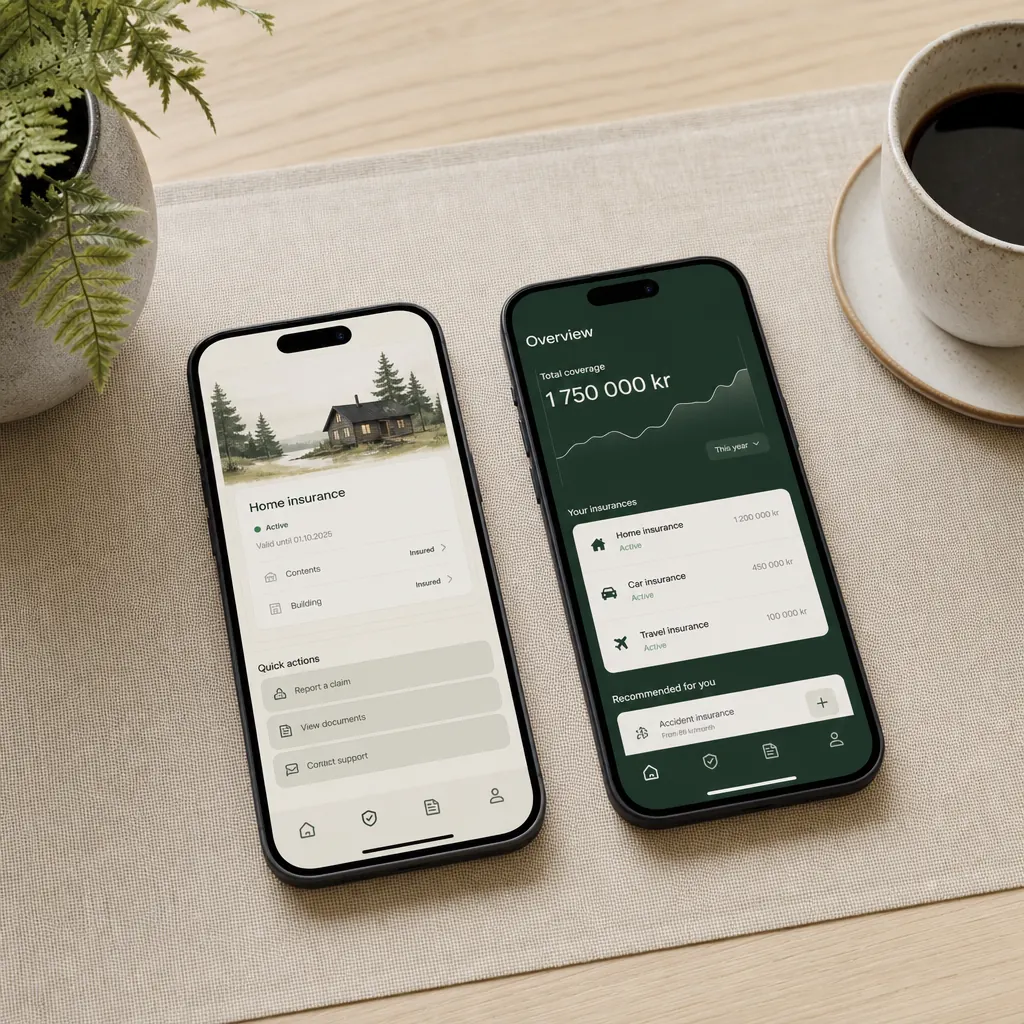 Två smartphones med olika försäkringsappar bredvid varandra på pale oak-bord – Hedvig och Gofido sida vid sida