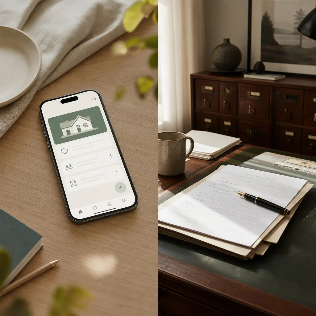 Smartphone med digital försäkringsapp bredvid pappersdokument på pale oak-bord – Hedvig och Svedea sida vid sida
