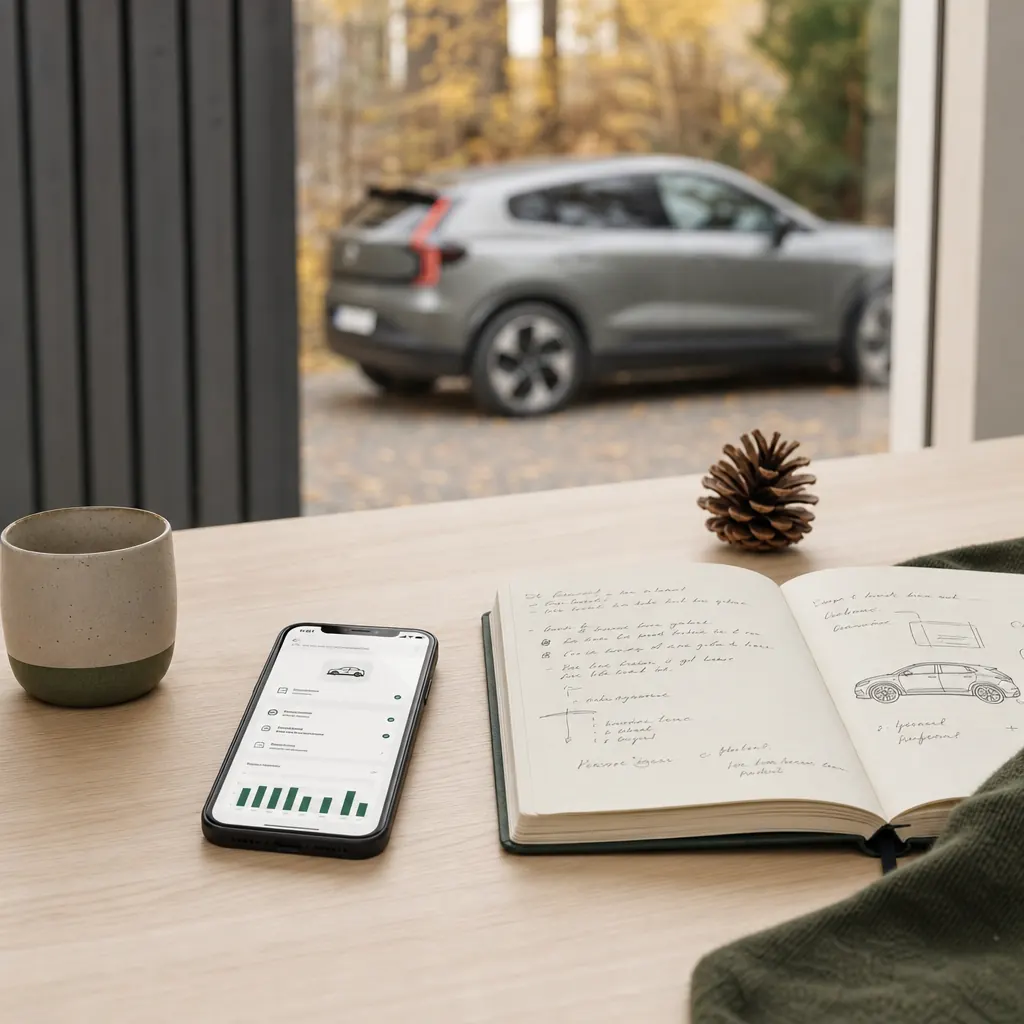 Smartphone med digital försäkringsapp bredvid handskriven anteckning om elbilsförsäkring – Hedvig och Volvia jämförda
