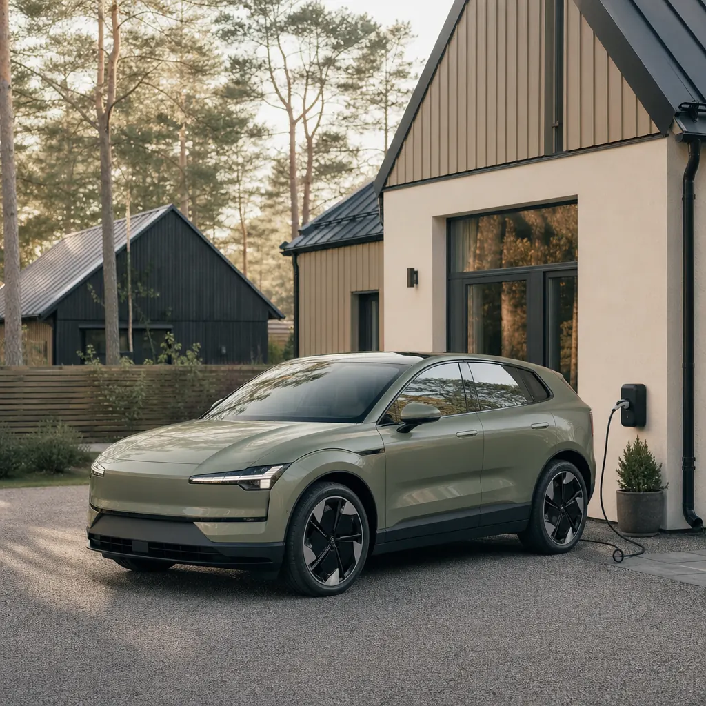Nyleveread elbil parkerad utanför ett skandinaviskt hem i morgonljus
