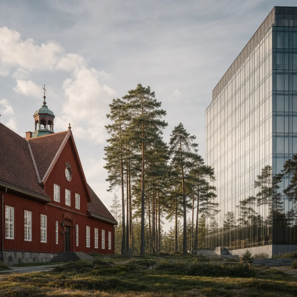 Traditionell röd Falu-målad föreningslokal bredvid ett modernt glaskontor – ömsesidig federation och aktiebolag sida vid sida