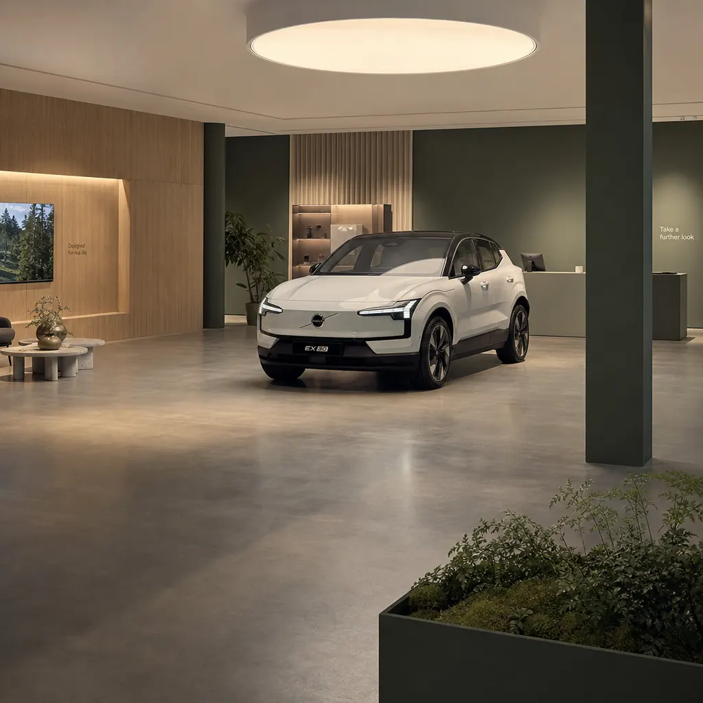 Minimalistisk skandinavisk elbilsshowroom med vit elbil under varm spotlight