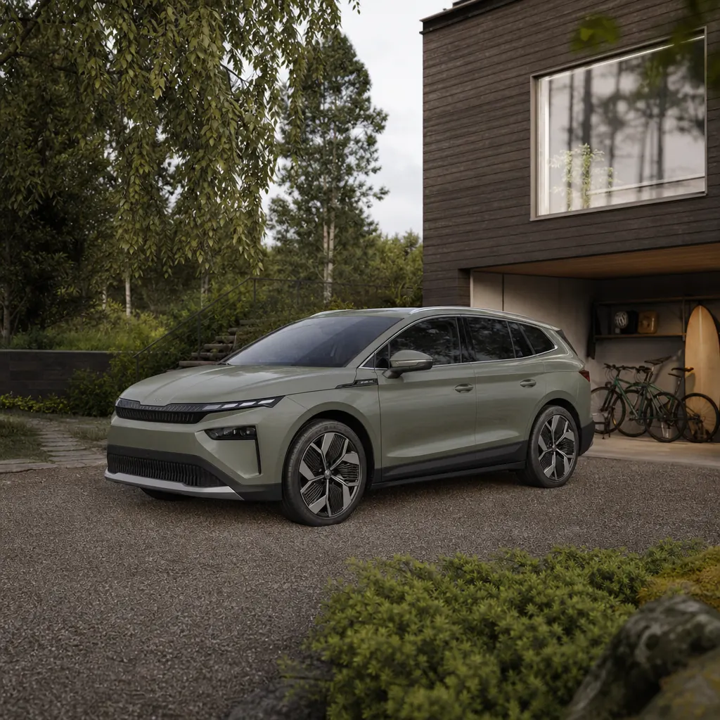 Skoda Enyaq familje-SUV vid svensk villauppfart