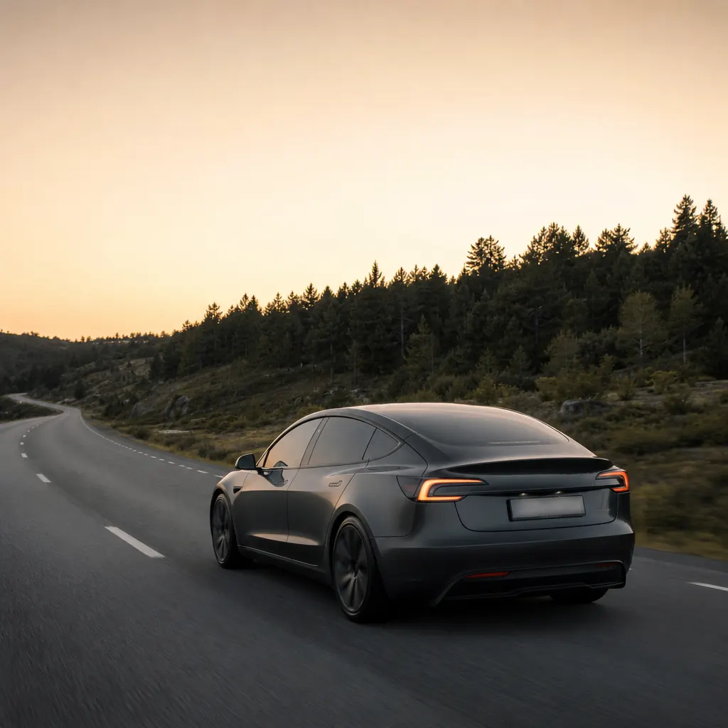 Tesla Model 3 på en skandinavisk landsväg