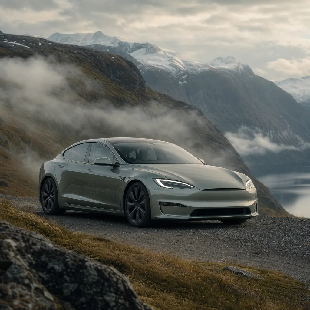 Tesla Model S i ett skandinaviskt fjällandskap