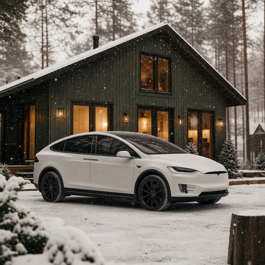 Tesla Model X utanför en nordisk vinterstuga