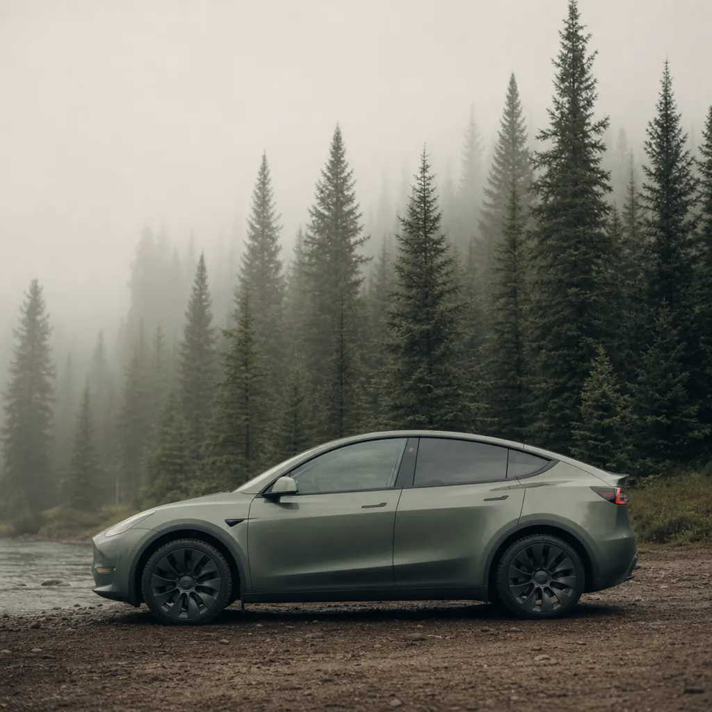 Tesla Model Y i nordisk skogsmiljö