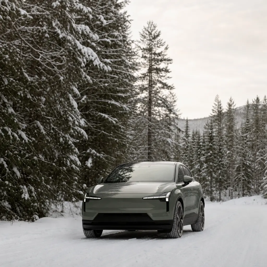 Elbil parkerad på snötäckt skogsväg i svensk vinter