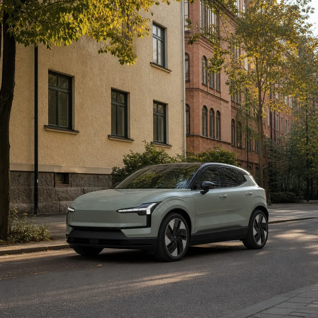 Volvo EX30 på en gata i Stockholms innerstad