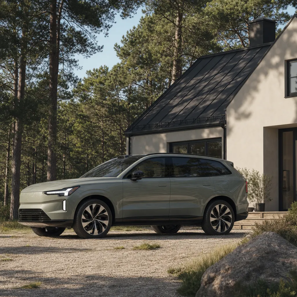 Volvo EX90 utanför ett nordiskt hus